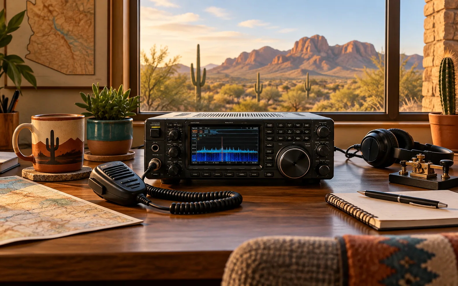 Amateur radio equipment on a desk overlooking an Arizona desert landscape