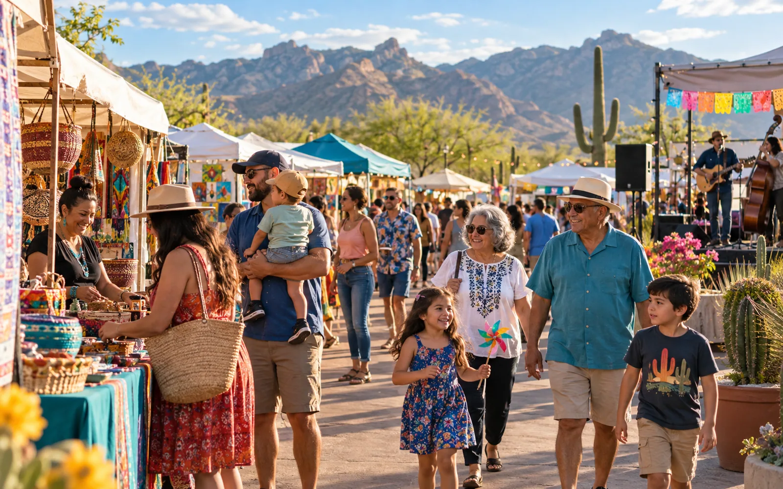 Families and neighbors enjoying an outdoor arts and food festival in the Arizona desert
