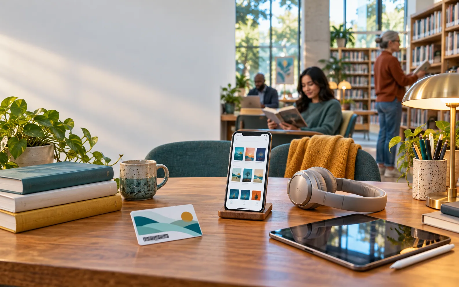 Library card, books, and digital devices ready for free library resources